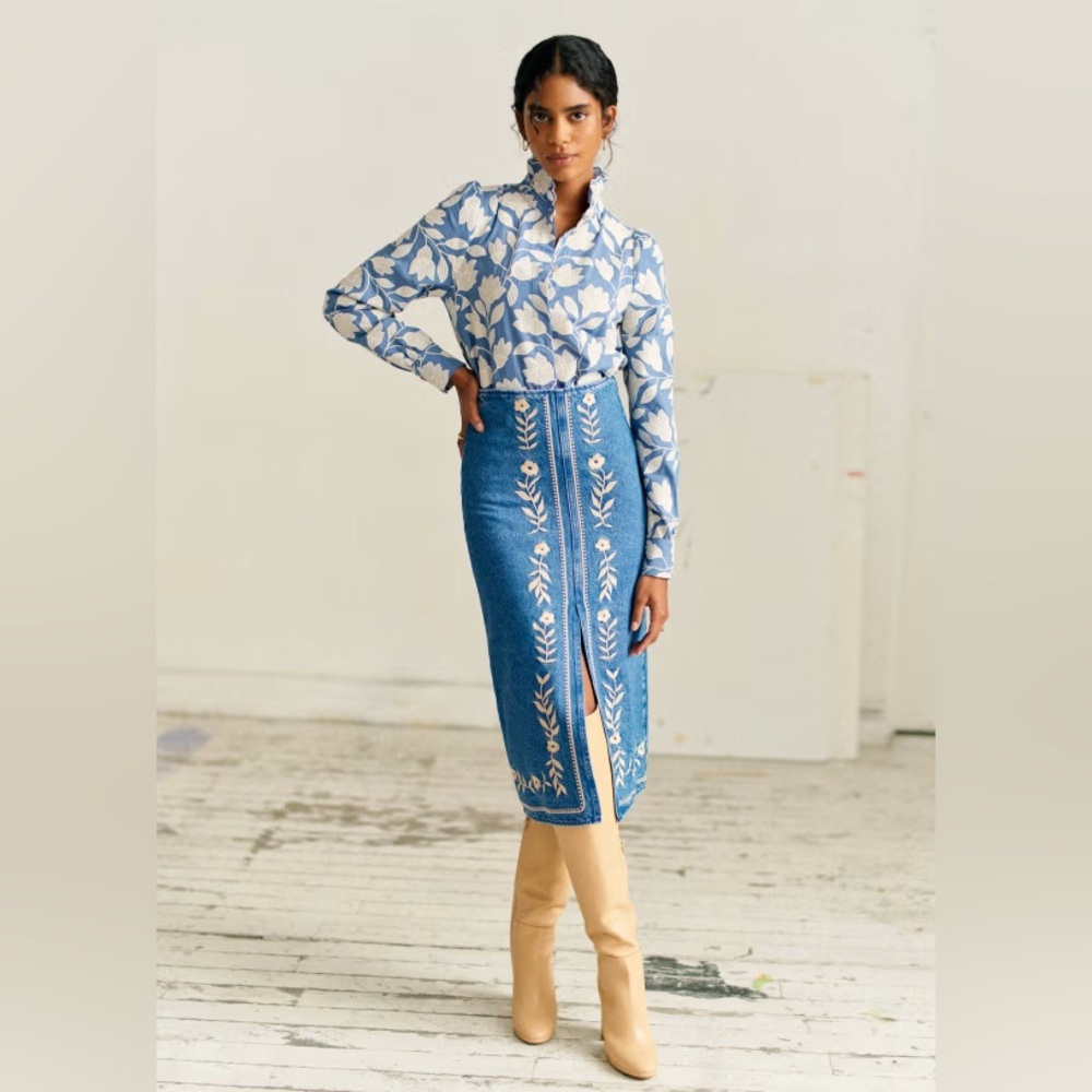 Sezane Eloane Skirt Light Blue Embroidery - Size 6
